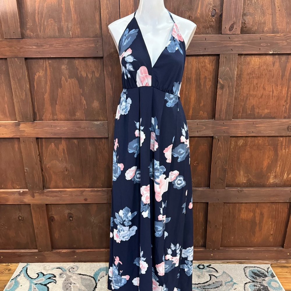 Simple Navy Halter Maxi Dress with Pink & Light Blue Floral Print